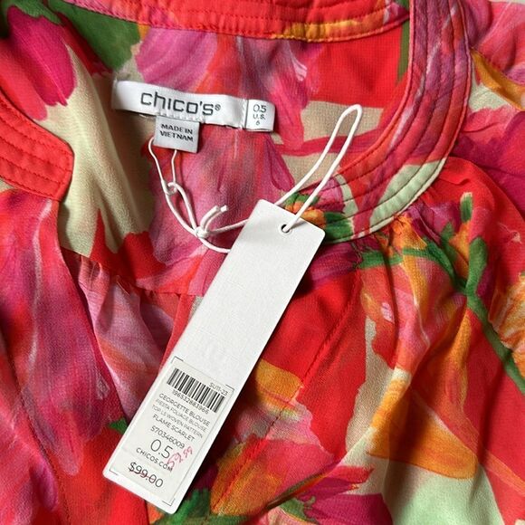 Chicos Georgette Foliage Print LS Blouse Flame Scarlet Size 0.5 NWT in packaging - Picture 8 of 8